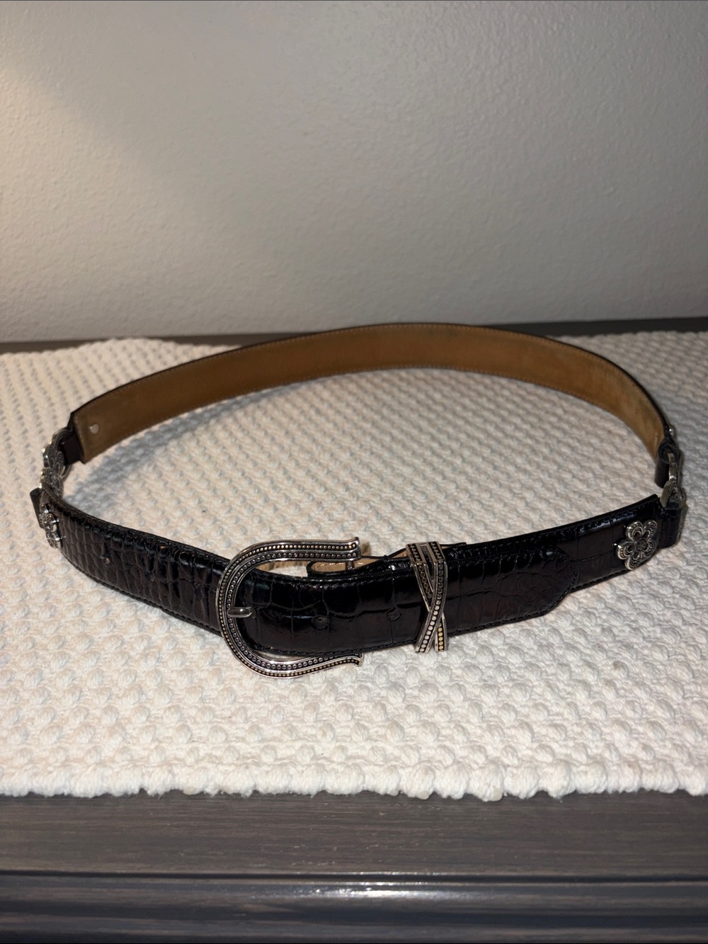 Brighton Women's Black Croc-Embossed Leather Belt with Silver Accents
